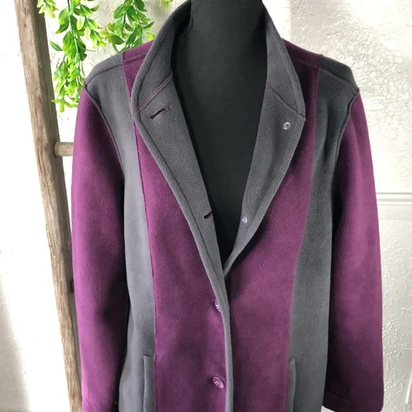 Susan Graver Fleece Purple Gray Long Button Up Coat Color. Block Trench Coat - Picture 10 of 16